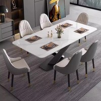 Ensemble de table à manger en dalle de roche blanche avec 6 chaises, banquet, mariage, famille, salon, style moderne en acier inoxydable, meubles