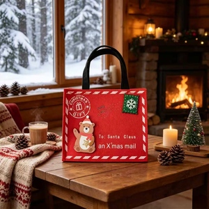 Sac cadeau de Noël en feutre, motif Sac du Père Noël, <span class=keywords><strong>applique</strong></span> ours, poignées rouges, pour bonbons et friandises, décoration de fêtes - Product Image 1