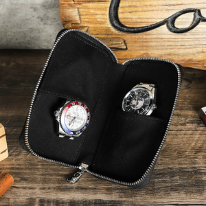 Luxury Custom Logo Black Oiled Genuine Cowhide Leather 2 Slot Couple Zipper Watch Storage Travel <b>Pouch</b> for <b>Men</b> Women - Product Image 5