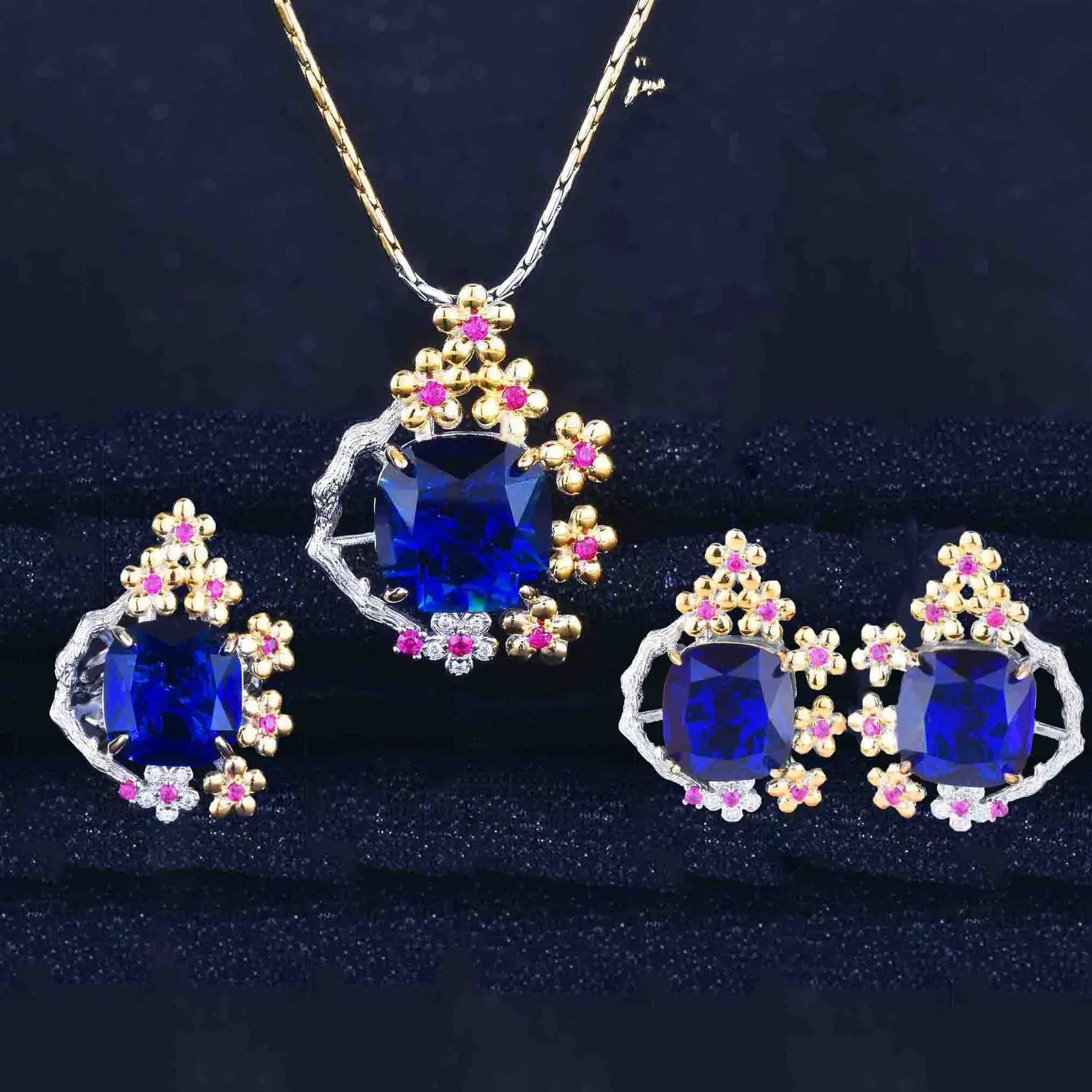 Conjunto de joyas de rubí Artificial de alta calidad, Colgante de Piedra verde/azul/rojo, collares, pendientes de flor de ciruelo, anillos