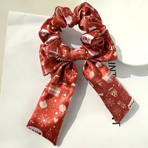 Christmas Printed Ribbon Hair Bands Elastic Floral Ponytail Holder With Big Tail Hair Tie Hair Accessories For Women Scrunchies