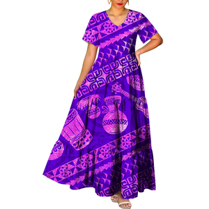 Vestido Casual Elegante y Ecológico con Estilo Marquesino y Tatuaje Polinesio Personalizado, Cuello en V y Manga Corta para Mujer, Envío Directo desde Fábrica, 1 MOQ - Product Image 1