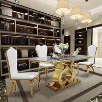 Ensemble de table à manger de luxe en acier inoxydable avec dessus en marbre pour appartement cuisine restaurant et salon