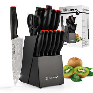 Ensemble de 15 couteaux de cuisine en acier à haute teneur en carbone à motif damas avec manche en PP et aiguiseur intégré - Product Image 1