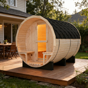 White Pine Barrel Sauna for 6 People 6KW <b>Heater</b> Rainproof Shingles & Two Porch Benches - Product Image 3