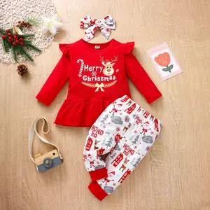 Conjunto de ropa de Navidad para niña recién nacida, Tops de manga larga con estampado de volantes, camiseta, pantalones largos, diadema, atuendo para bebé