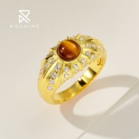 Bague Rochime en argent sterling 925 plaqué or 18 carats avec pierre œil de tigre vintage, finition brossée, bijoux pour femmes