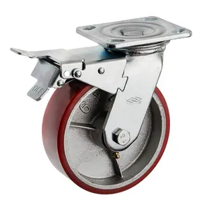 Good quality 8inch PU industrial caster with locking 8" POLYURETHANE wheels 200mm total brake heavy duty industrial caster