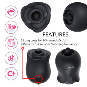 मुफ़्त कस्टम बॉक्स - महिला गुलाब शक्तिशाली क्लिटोरल सकिंग ब्लैक रोज़ वाइब्रेटर, जीभ चाटना डबल साइडेड रोज़ शेप वाइब्रेटर - Product Image 3