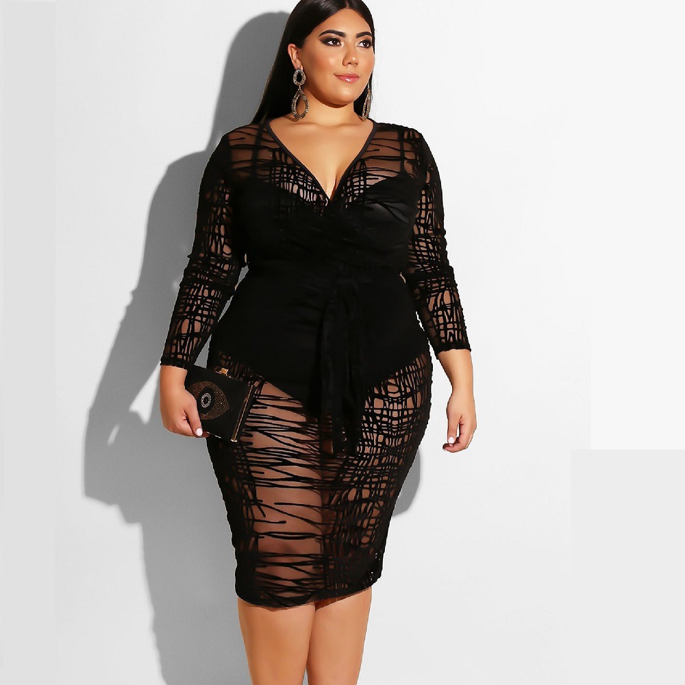 Новинка 2021, стильная женская прозрачная юбка большого размера с длинными рукавами и флисовой кружевной юбкой, платья для ночного клуба