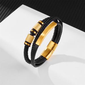 Fashion Wholesale <b>24K</b> <b>Gold</b> Plated Designer Leather <b>Bracelets</b> and Bangles for <b>Men</b>-Gift - Product Image 3