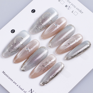 <span class=keywords><strong>Unghie</strong></span> Finte Lusso Fatte a Mano con Stampa Gatto Occhio di Luna e Stella, Lunghe a Mandorla, con Strass Adesivi - Product Image 1