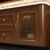 Ensemble de meubles de salle de bain de luxe en bois de noyer avec porte en verre cintrée, armoire flottante et miroir LED intelligent – Fabrication OEM/ODM sur mesure