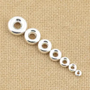 100% 925 Sterling Silver Roda Espaçador Beads 3-10mm Grande Buraco Plana Rodada Pulseiras Charme Beads DIY Jóias Fazendo Descobertas