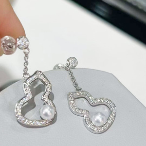 S925 Sterling <b>Silver</b> Freshwater Pearl Drop <b>Earrings</b>, Micro Pave Zircon Hollow Gourd <b>Dangle</b> <b>Earrings</b> for Women Party Jewelry - Product Image 3