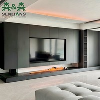 Meuble mural multimédia de luxe en graphite avec foyer électrique linéaire, rangement dissimulé et bande LED au plafond pour villa moderne