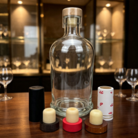 Bouteille en verre transparente élégante avec bouchon en liège cannelé à centre creux, forme cylindrique, logo personnalisé, idéale pour la présentation de whisky