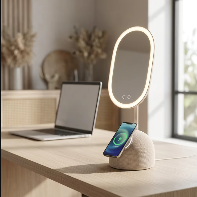 Modern 4-in-1 Smart LED Makeup Mirror 3-Level Dimming Wireless Charger Adjustable Color Temp Touch Control All-in-One Bathroom