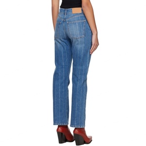 กางเกงยีนส์สตรีทรงสลิมฟิตสไตล์ลำลองแบบวินเทจ ตกแต่งเพชร คริสตัล และ rhinestone สีน้ำเงิน - Product Image 4