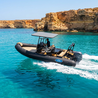 Bateau pneumatique sportif de 19 pieds (580 cm) en PVC Hypalon, coque en V profond, avec pont soleil brun, moteur 115 CV, capacité de 9 personnes