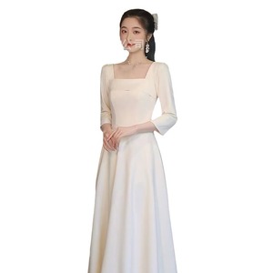 Bridesmaid Dress Champagne Color Off Shoulder A Line Satin Long Casual Style - Product Image 5