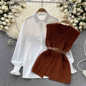 Mode Automne Chic : Gilets en tricot cintrés à la taille et Chemises blanches décontractées à manches longues à revers pour <span class=keywords><strong>femme</strong></span> - Product Image 2