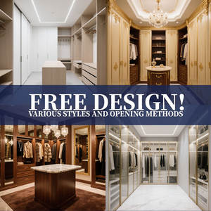 HappyHouses-Ensemble de garde-robe spacieux au design moderne avec armoires blanches et îlot central combiné en bois massif et métal - Product Image 6