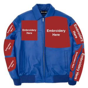 Chaqueta Bomber de Cuero Genuino Azul para Hombre, Diseño Bordado en la Manga Delantera, Cierre de Cremallera, Cuello Alto, Ropa de Invierno - Product Image 1