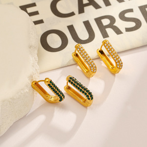Pendientes de aro cuadrados chapados en oro con diamantes verdes y blancos para mujer, para uso diario - Product Image 2