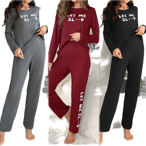 Ensemble pyjama loungewear femme ODM printemps automne hiver, vêtements d'intérieur à imprimé lettres, manches longues, taille élastique, vente en gros - Product Image 1