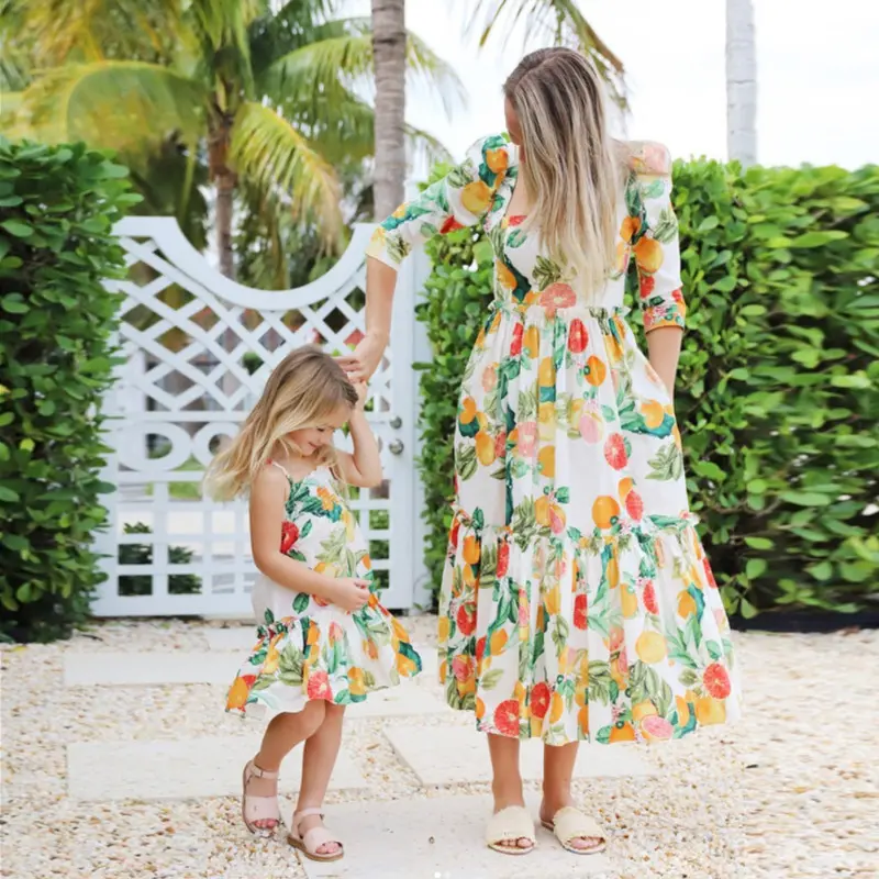 2023 Mother Daughter Summer Dresses Cute Fruit Print Beach Dress Mom Mommy and Me Fashion Dress Family Matching Outfits