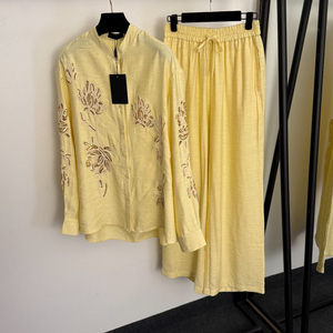 Completo Casual da <span class=keywords><strong>Donna</strong></span> in <span class=keywords><strong>Lino</strong></span> con Top a Maniche Lunghe con Scollo a V Ricamato e Paillettes + Pantaloni a Gamba Larga a Vita Alta - Product Image 1