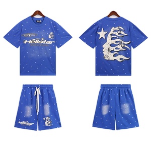 Conjunto de camiseta de manga corta y pantalones cortos de algodón lavado con estampado de letras y lunares de la marca de moda transfronteriza Hell Star para hombre, estilo casual urbano. - Product Image 2