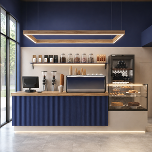Design d'intérieur de magasin de bijoux de luxe brutaliste, vitrine de présentation personnalisée, étagère flottante rectangulaire bleue, éclairage LED - Product Image 3