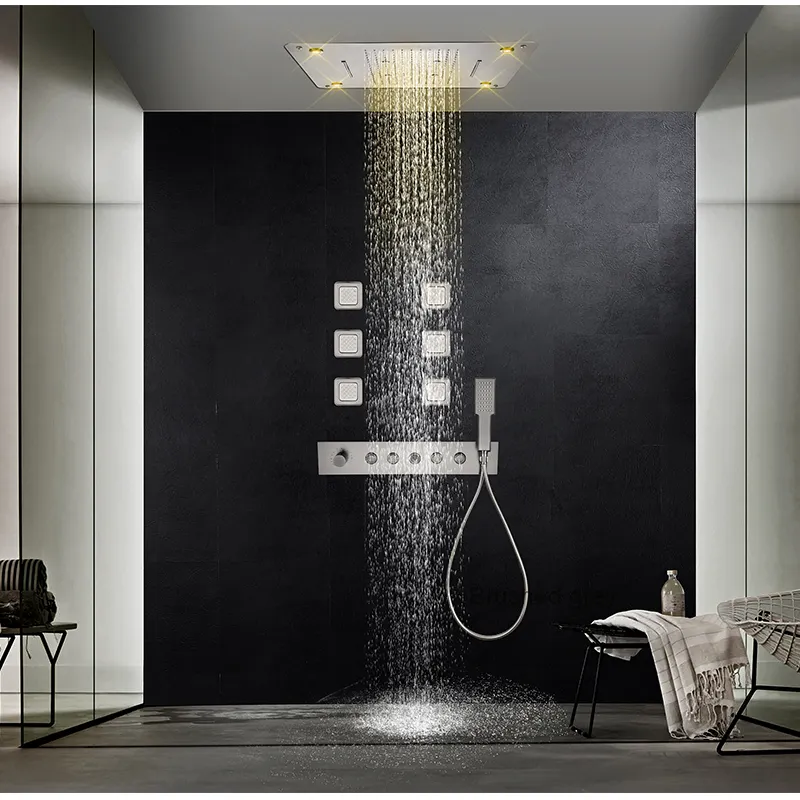 Ceiling Rain LED Smart Thermostatic Shower System Faucet Brass Square Modern Ceramic Hotel Brushed Gold Shower Set Body Jets