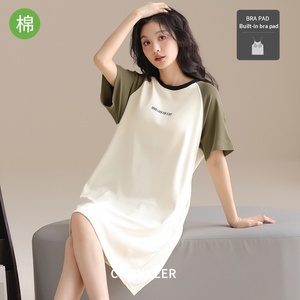 Sweethoney Camicia da notte estiva da donna con imbottitura sul petto, girocollo, motivo a tinta unita, in puro cotone, casual, pullover, abbigliamento da notte, vestito di media lunghezza - Product Image 3
