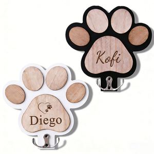 Soporte para Correa de Perro, Gancho de Madera con Forma de Huella, Organizador de Collares para Mascotas, Colgador Multifuncional con Etiquetas de Nombre Grabadas Personalizadas - Product Image 1
