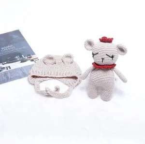 Adereços para fotografia de bebê recém-nascido, roupa artesanal, crochê, urso de malha, bonnet e urso de pelúcia, conjunto para foto