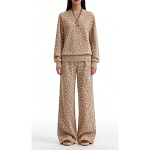 Women's Leopard Print <b>Knit</b> 2 Piece <b>Set</b> - Crew Neck Sweatshirt & Wide-Leg Pants Fashion - Product Image 4
