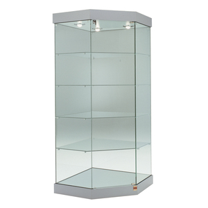 Vitrine d'angle moderne 73x73x188cm en verre trempé, 4 étagères, base gris clair avec porte à charnières verrouillable et éclairage halogène - Product Image 1