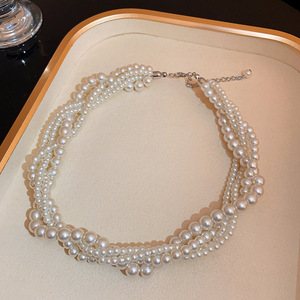 韓国ジュエリー5-6mm925スターリングシルバー多層ネックレスホワイトパールチョーカーネックレス - Product Image 5