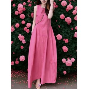 Nuovo Abito Lungo Estivo 2026 all'Ingrosso Minimalista Senza Maniche Stile Francese Chic a Vita Alta Ampio in Misto Cotone Rosa Linea A per Resort - Product Image 3