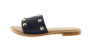 Sandales plates décontractées pour femmes en cuir, à enfiler, avec semelle rembourrée et détails en métal pyramidal, sandales de créateur en cuir de haute qualité pour femmes - Product Image 2