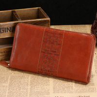 Pochette pour homme en cuir véritable, classique et élégante, avec décoration tressée en cuir, porte-cartes multiples, portefeuille long