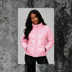Veste matelassée rose à col montant, fermeture éclair, coupe classique, vêtement d'hiver pour femmes - Product Image 3