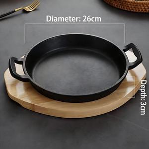 Plat de service rond en <span class=keywords><strong>fonte</strong></span> personnalisé avec base en bois, poignée double, poêle antiadhésive pour steak et fajitas, idéal pour les restaurants - Product Image 6