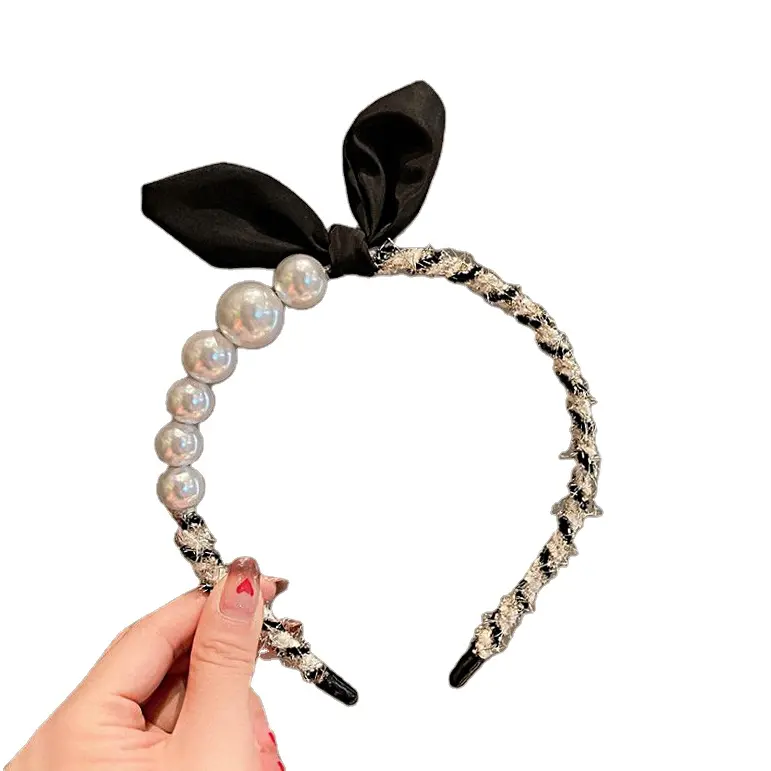 New Women Elegant Full Pearls Hairbands Black Bow Girls Sweet Headband Hair Bundle Lady Hair Hoops Fashion Accessories