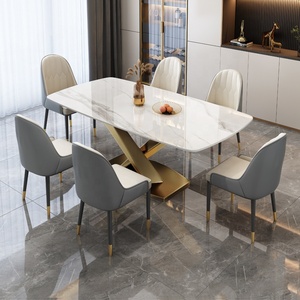 Set Tavolo da Pranzo Rettangolare e Sedie in Stile Moderno di Lusso con Piano in Marmo per 4 6 8 Persone Design <span class=keywords><strong>Mobili</strong></span> in Metallo <span class=keywords><strong>Acciaio</strong></span> Inossidabile - Product Image 1