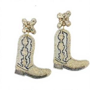 CRYSTAL CRAFT Handmade Custom Foundation Fabric Seed Bead Embroidered Cowboy <b>Boot</b> Earrings Flower Top Women Girls Wedding Art - Product Image 1