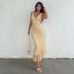 เดรสยาวทรงปลายหางปลา คอวี แขนกุด ผ้าตาข่าย แต่งลายจุด เอวธรรมชาติ เป็นมิตรกับสิ่งแวดล้อม สไตล์ลำลองสำหรับผู้หญิง เหมาะสำหรับฤดูร้อน - Product Image 5